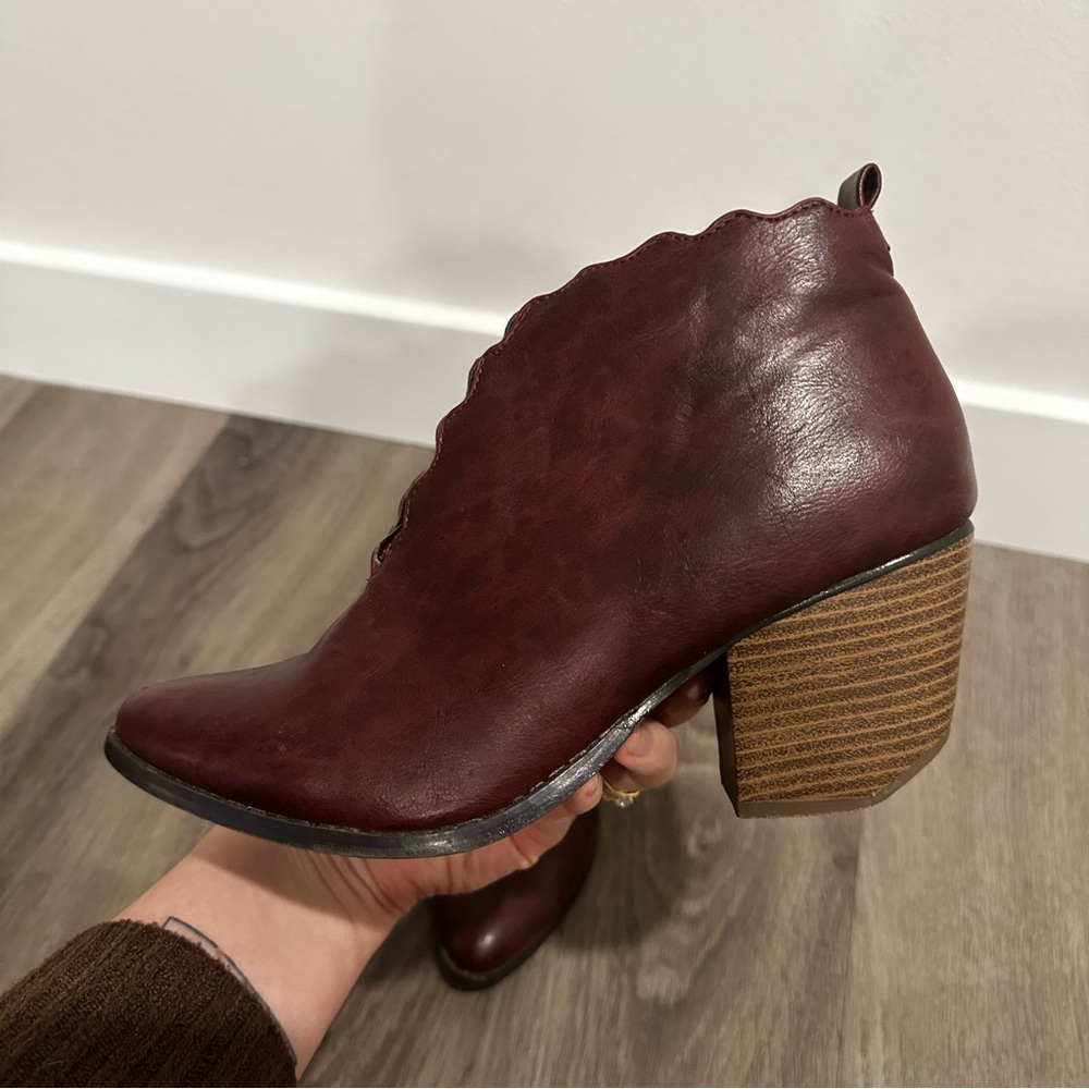 Wild G Burgundy Red Scalloped Edge Heeled Ankle Boots - Picture 8 of 10